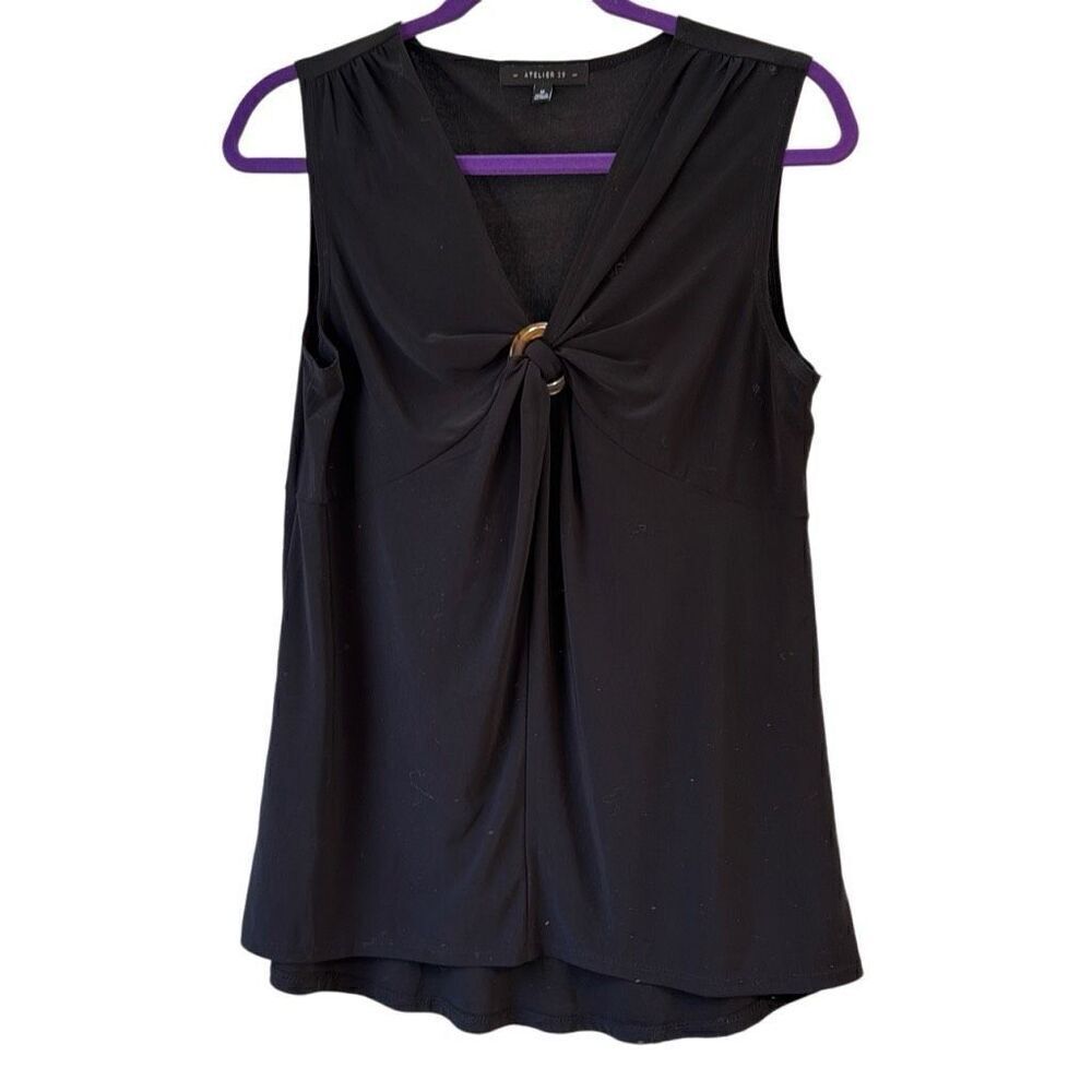 Atelier 29 Women's Black Front Knot V-Neck Sleeveless Blouse Size Medium